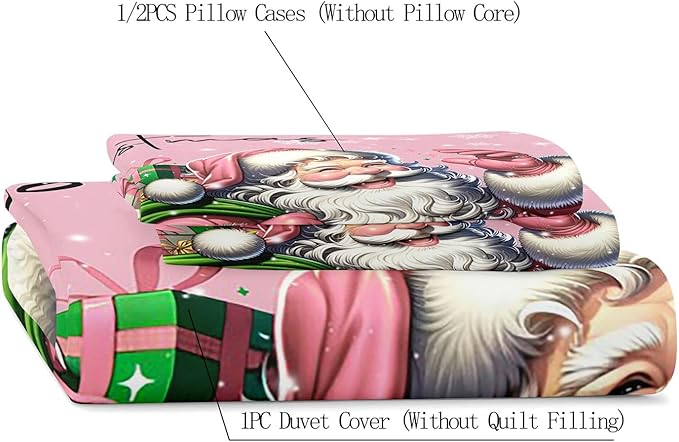 LUVIVIHOME 3PCS Pink Santa Claus Duvet Cover Queen, Christmas Bedding Sets, Pink Duvet Cover, Kids Girls Bedding, Snowflake Holiday Xmas Gifts Christmas Comforter Bedspread Quilt Cover, 2 Pillow Shams