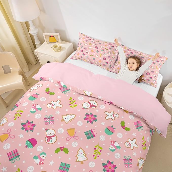 Christmas Kids Bedding Set Cartoon Christmas Tree Snowman Duvet Cover for Boys Children Teens Bedroom Decor Flower Birds Comforter Cover Set Pink New Year Bedspread Cover Queen Size With 2 Pillow Case