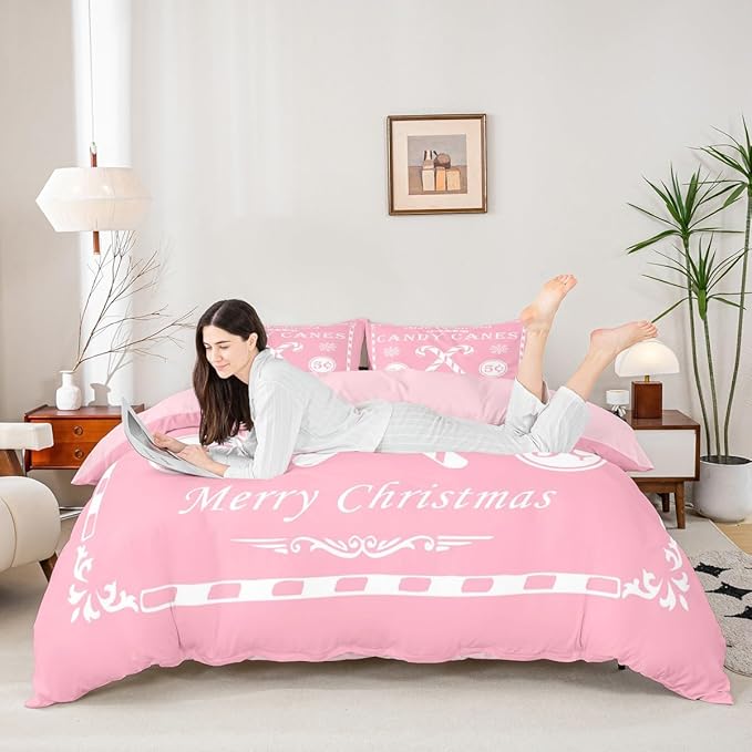jejeloiu Christmas Bedding Set King Size Kids Christmas Quote Comforter Cover Set for Boys Girls Teens Candy Canes Print Duvet Cover Xmas Bedspread Cover Room Decorations Pink White Quilt Cover