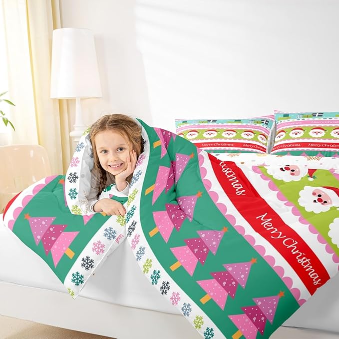 Feelyou Merry Christmas Comforter Set King Size Santa Claus Bedding Set for Kids Boys Girls Xmas Tree Snowflake Duvet Quilt Striped Bedroom Decor Microfiber 3 Pcs with 2 Pillow Cases