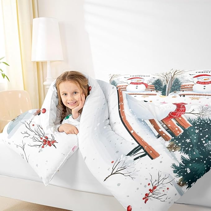 Feelyou Merry Christmas Comforter Set Twin Size Cute Snowman Bedding Set for Kids Boys Girls Snowflake Duvet Quilt Christmas Tree Bedroom Decor Microfiber 2 Pcs with 1 Pillow Cases