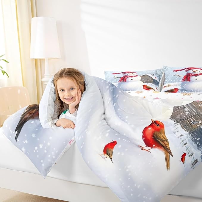 Feelyou Merry Christmas Comforter Set All Season Cute Snowman Bedding Set with 2 Pillow Cases Snowflake Microfiber Kids Queen Bedclothes Winter Bedroom Decor Duvet Quilt Breathable Soft Lightweight