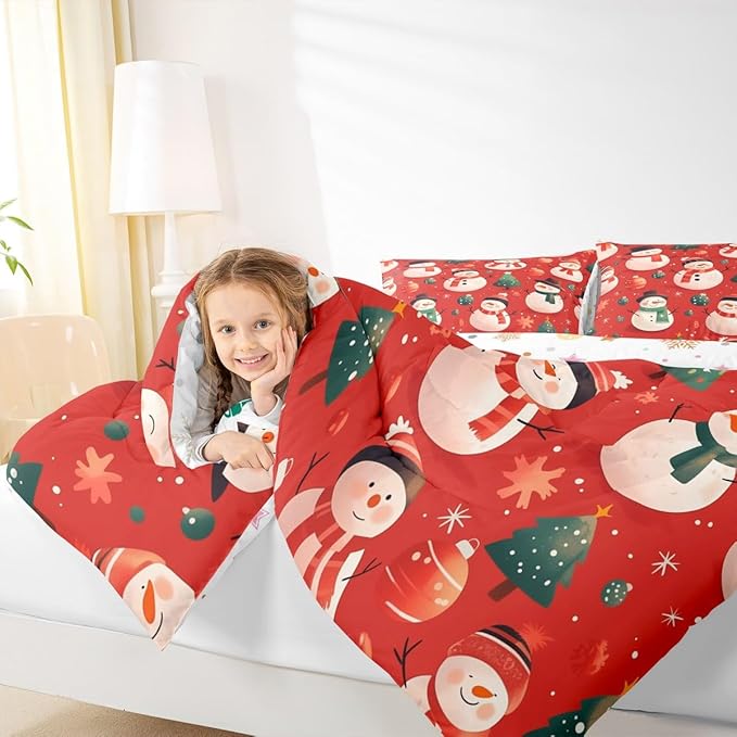 Feelyou Christmas Comforter Set Toddler Size Snowman Bedding Set for Kids Boys Girls Snowflake Duvet Quilt New Year Theme Bedroom Decor Microfiber 2 Pcs with 1 Pillow Cases