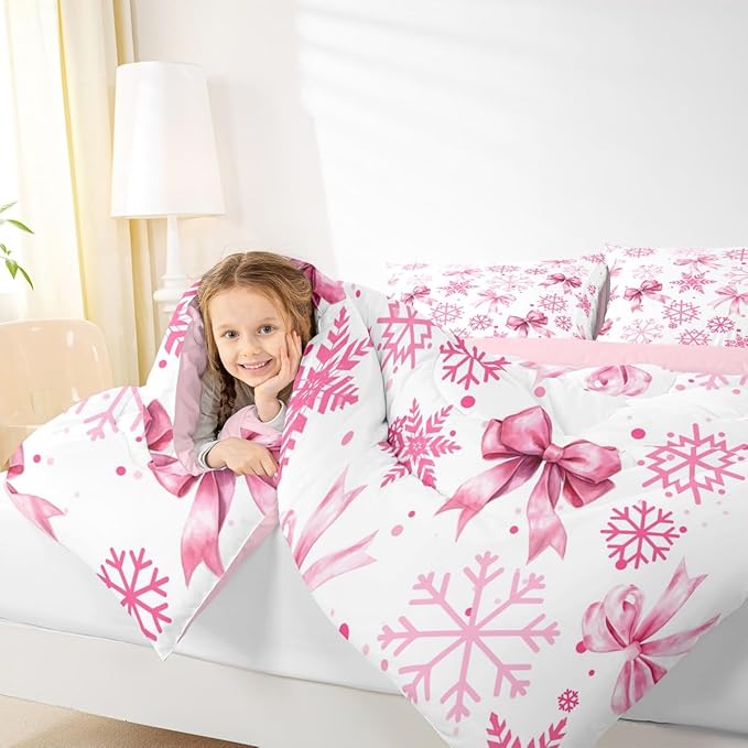 Cute Bow Tie Kids Comforter Set Twin Size,Girly Bowknot Snowflake Dots Bedding Set Room Decor,Merry Christmas Winter Princess Quilt Comforter,Pink White Duvet Set Bedroom Quilt Set,1 Pillowcase