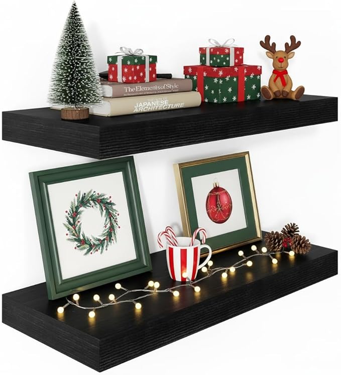 Black Floating Shelves for Wall 24 Inches Long, 12" Deep Wall Shelves 2" Thick, Heavy Duty Shelf for Bedroom, Bathroom, Living Room, Kitchen, Office, Home Decor, Modern Shelf Set of 2, 24" X 12" X 2"