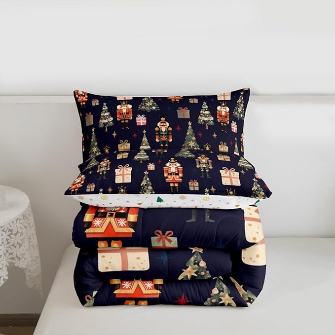jejeloiu Xmas Nutcracker Comforter Set King Size Christmas Dark Blue Bedding Set for Kids Boys Girls Cute Snowflakes Duvet Quilt Bedroom Decor