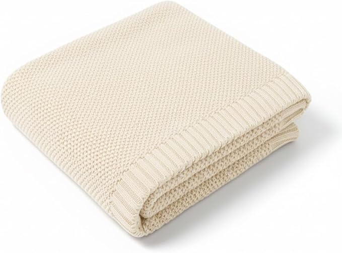 Baby Knit Blanket Soft Cotton Lightweight Newborn Blanket for Crib Stroller Toddler Nursery Shower Gift Cozy Breathable Travel Swaddle Wrap Cream 30 x 40 Inches