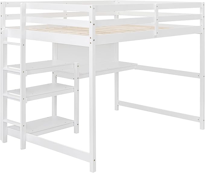 Bellemave Full Loft Bed with Desk and Writing Board,Loft Bed for Kids, Boys, Girls,Wooden Loft Be Frame with Desk and Ladder, White