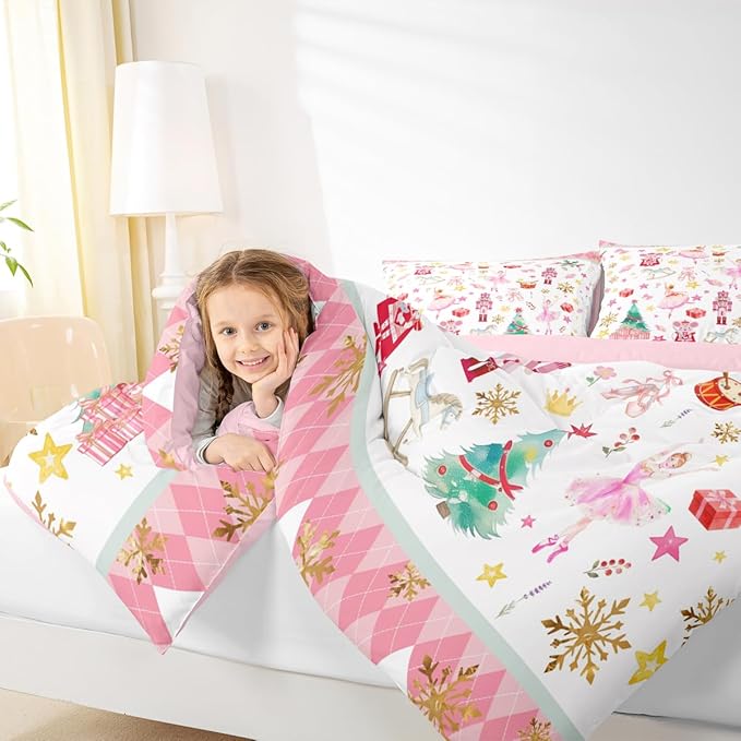 Feelyou Pink Christmas Kids Comforter Set Toddler Size Ballet Nutcracker Bedding Set Snowflake Duvet Quilt for Kids Boys Girls Bedroom Decor Microfiber Ultra Soft Breathable