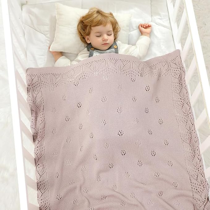 LAWKUL Cellular Blanket Baby 100% Cotton Soft Newborn Babe Knit Blankets Classic Florals for Boy Girls Lavender 100x80cm