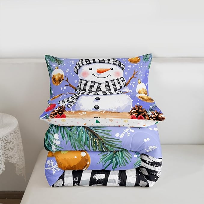 Feelyou Merry Christmas Comforter Set All Season Cute Snowman Bedding Set with 2 Pillow Cases Snowflake Microfiber Kids Queen Bedclothes Winter Bedroom Decor Duvet Quilt Breathable Soft Lightweight