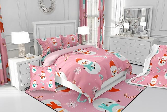Feelyou Pink Christmas Bedding Set Soft for Boys Girls, Snowman Comforter Set Queen Size Snowflake Duvet Quilt Microfiber Candy Cane Bedroom Decor 3 Pcs with 2 Pillow Cases
