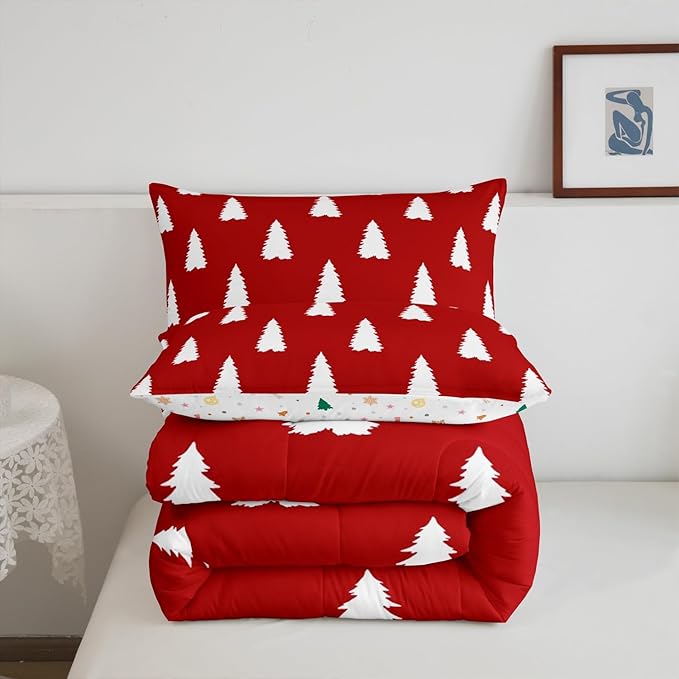 Feelyou Red Christmas Trees Bedding Set for Kids Boys Girls Twin Size Xmas Comforter Set Ultra Soft Winter Comforter Holiday Decor Duvet Quilt Bedroom Decor Christmas Ornaments Quilt