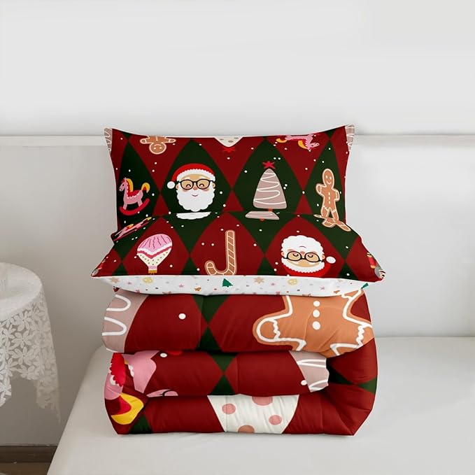 Feelyou Merry Christmas Bedding Set Soft for Boys Girls, Santa Claus Comforter Set King Size Xmas Tree Nutcracker soldier Duvet Quilt Microfiber Gingerbread Man Bedroom Decor 3 Pcs with 2 Pillow Cases