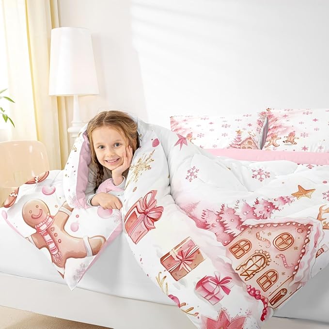 jejeloiu Kids Christmas Theme Comforter Set Queen Size Pink Xmas Gingerbread Man Bedding Set for Boys Girls Teens Candy House Snowflake Winter Happy New Year Duvet Quilt Room Decor