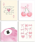 Coquette Y2K Lucky Wall Art Set of 4, Pink Preppy Aesthetic Canvas Prints, Cherry Bows 8 Ball Ace Card Wall Decor for Girls Bedroom, Dorm, Vanity, or Home Decor 8x10in Framed