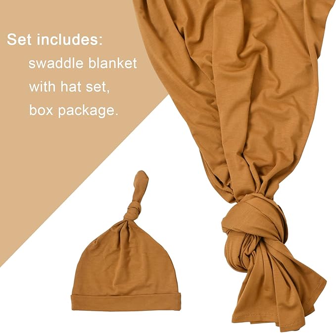 Newborn Swaddle Blanket with Hat Set Baby Swaddle Set Hospital Receiving Blankets for Girls Boys(Copper,35"*35")