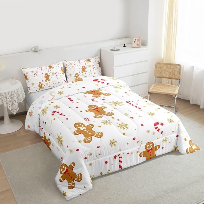Feelyou Cute Gingerbread Man Comforter Set King Size Candy Cane Bedding Set for Kids Boys Girls Golden Snowflake Duvet Quilt Christmas Pattern Bedroom Decor Festive Design 3 Pcs with 2 Pillow Cases
