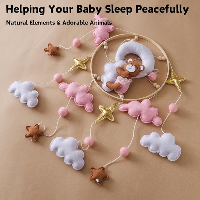 Moon Baby Crib Mobile Baby Nursery Decoration Wooden Crib Hanging Decor Bear Theme Pink Clouds Newborn Soothing Mobile Baby Shower Gift for Boys and Girls Easy to Install and Durable (Bear)
