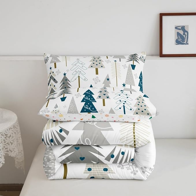 Xmas Trees Comforter Set King Size,Merry Christmas Pine Hand Drawn Bedding Set All Season Quilt Set,Blue Plant Snowflakes Winter Microfiber Polyester Down Comforter