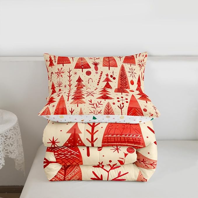 Feelyou Christmas Bedding Set Soft for Boys Girls, Xmas Tree Comforter Set Queen Size Snowflake Candy Duvet Quilt Microfiber Pine Tree Bedroom Decor 3 Pcs with 2 Pillow Cases