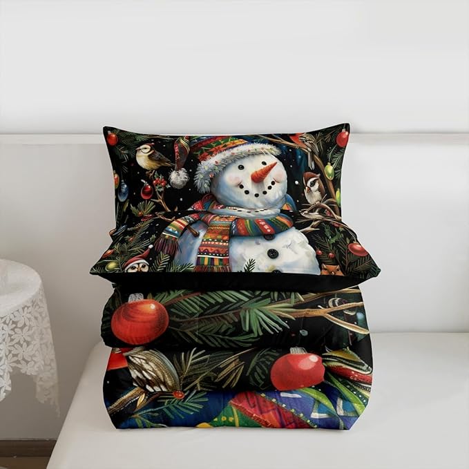 Feelyou Christmas Bedding Set Soft for Boys Girls, Holiday Snowman Birds Comforter Set Toddler Size Xmas Owl Branch Berry Duvet Quilt Microfiber Snowflake Bedroom Decor 2 Pcs with 1 Pillow Cases