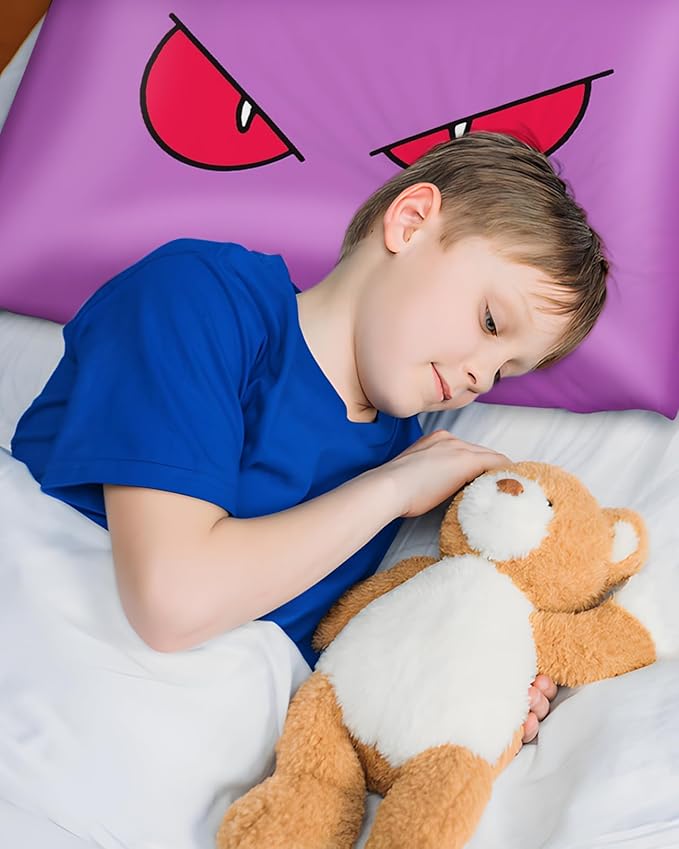 Silk Pillowcase for Kids - 30 x 20 Inches Queen Size Mulberry Silk Pillow Case with Zipper Cute Cartoon Kawaii Teens Girls Boys Pillowcase for Hair and Skin, Red Eye