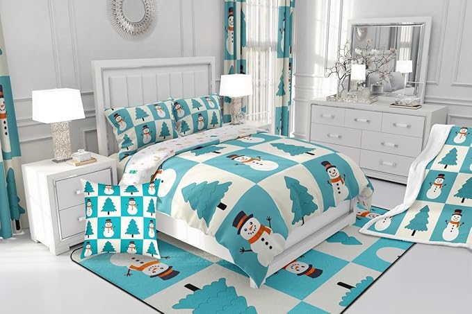 Feelyou Merry Christmas Comforter Set All Season Snowman Bedding Set with 2 Pillow Cases Xmas Tree Microfiber Kids King Bedclothes Bedroom Decor Duvet Quilt Breathable Soft Lightweight