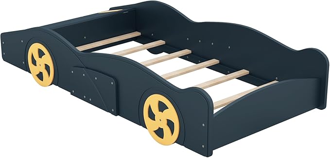 SOFTSEA Twin Car-Shaped Platform Bed with Storage and Wheels, Twin Race Car Bed Frames with Storage for Kids, No Box Sping Needed, Black+Yellow