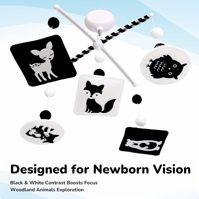 Montessori Mobile, Black and White Mobile for Baby with Music Box - Woodland Baby Crib Mobile for Boys Girls, High Contrast Baby Mobile for Crib with Bear, Deer, Fox, Owl & Raccoon