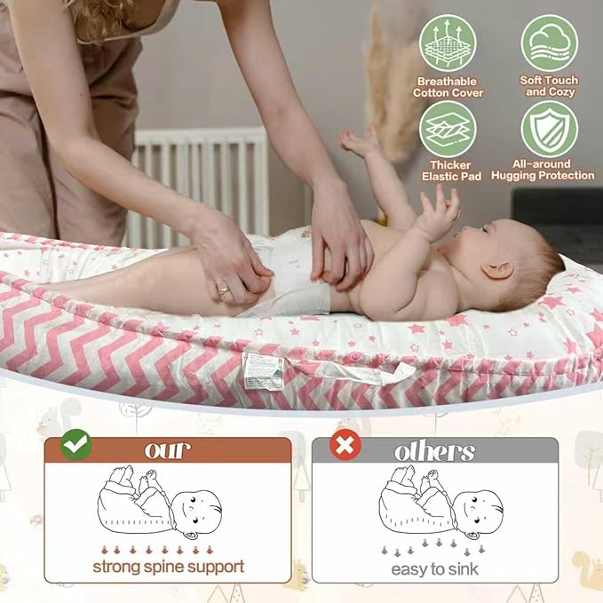 JIFTOK Baby Nests Lounger for Newborn, Snuggle Bassinet for 0-24M, Breathable Portable Co Bed, Baby Essentials Adjustable Infant Soft Cotton Loungers for Home & Travel -Pink Star