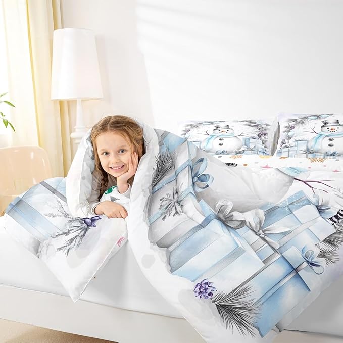 Feelyou Merry Christmas Kids Comforter Set Queen Size Cute Snowman Bedding Set Duvet Quilt for Kids Boys Girls Bedroom Snowflake Decor Microfiber Ultra Soft Breathable