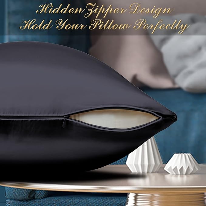 100% Mulberry Silk Pillowcase 2 Pack for Hair and Skin,with Hidden Zipper,Both Sides 22 Momme Natural Silk Pillow Cover,Soft Breathable & Smooth (Black, Standard)