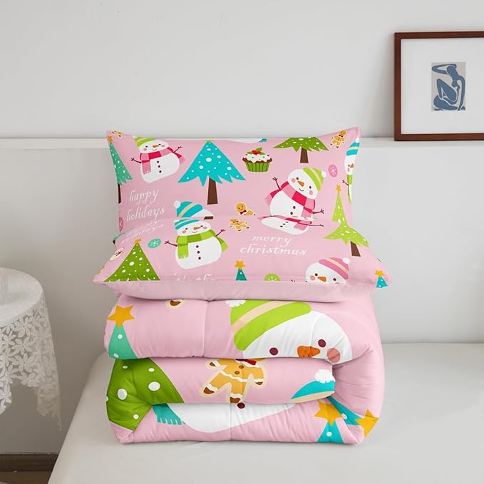 Erosebridal Merry Christmas Comforter Set for Kids, Pink Xmas Decor Bedding Set King Size, Cartoon Snowman Quilts Christmas Tree Down Comforter for Girls Boys Teens Bedroom Decor