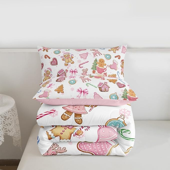 Cute Bow Tie Kids Comforter Set Queen Size,Pine Tree Merry Christmas Elk Deer Bedding Set,Room Decor,Bowknot Gingerbread Man Snowflake Quilt,Pink Colorful Duvet Set Bedroom Quilt Set,2 Pillowcases