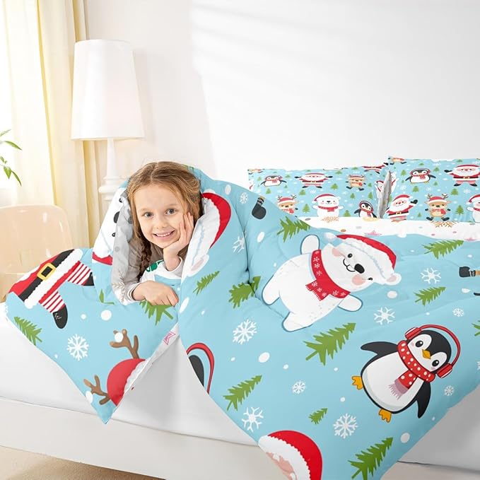 Feelyou Christmas Comforter Set Twin Size Santa Claus Bedding Set for Kids Boys Girls Penguin Deer Duvet Quilt Xmas Snowflake Tree Bedroom Decor Microfiber 2 Pcs with 1 Pillow Cases