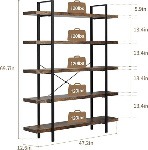 5 Tier Bookcase, 47 Inch Wide Wood Bookshelf, 120lbs Shelf Capacity Estante, Rustic Open Shelving Industrial Display with Reinforced Horizontal Brown Shelves for Living Room Bedroom Office