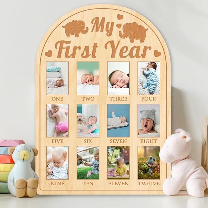 ORIGACH My First Year Baby Growth Photo Display Wood Board - 12 Months Newborn Milestones Photo Board - Neutral Baby Keepsake Frame 1st Birthday Party Nursery Decor New Mom Gift - Elephant