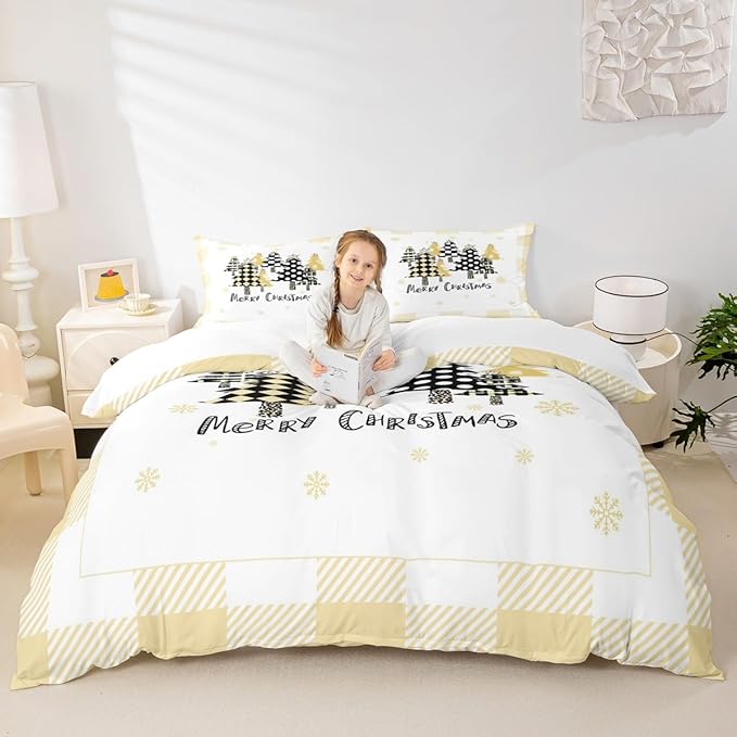 Manfei Xmas Tree Duvet Cover Set Twin Size, Yellow Plaid Grid Snowflake Comforter Cover with 1 Pillowcase, Christmas Theme Bedding Set for Kids Girls Room Decor New Year Bedspread Cover, No Comforter
