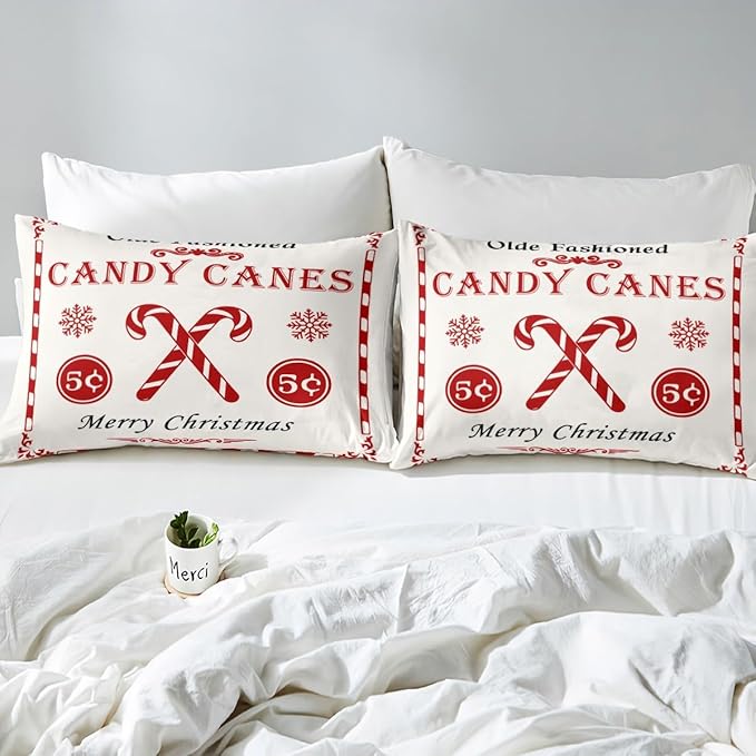 jejeloiu Christmas Bedding Set for Kids Boys Girls Christmas Quote Comforter Cover Set Twin Size Candy Canes Print Duvet Cover Bedroom Decor Xmas White Bedspread Cover Bedding Collection 2Pcs