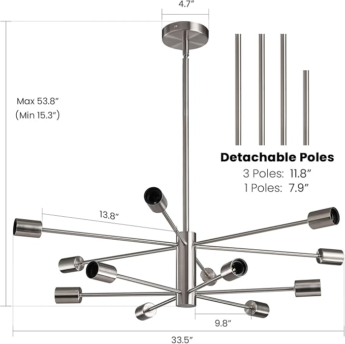 Modern Sputnik Chandeliers Light, 12 Lights Brushed Nickel Dining Room Chandelier Over Table, Height Adjustable Industrial Semi Flush Mount Mid Century Chandelier for Kitchen Island Living Room