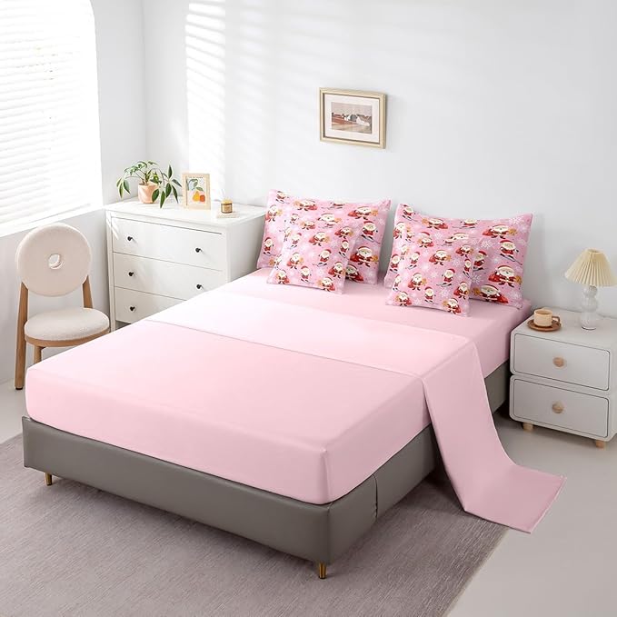 Erosebridal 7Pcs Cute Santa Claus Comforter Set Full Size,Xmas Gingerbread Bedding Set for Kids Boys Girls,Christmas Snowboard Snowflake Bed in A Bag,Pink Christmas Quilt with Flat Fitted Sheet