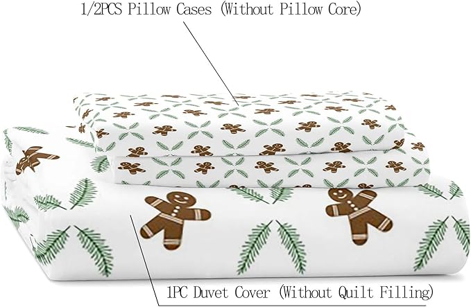 LUVIVIHOME 3PCS Gingerbread Man Duvet Cover Full Bedding Set, White Duvet Cover, Teens Boys Girls Kids Bedding, Green Plant Pine Picks Leaves Winter Holiday Christmas Comforter Cover, 2 Pillow Shams