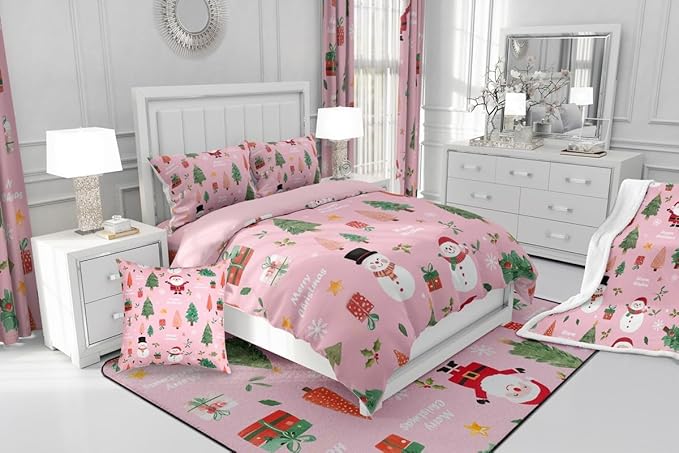 Feelyou Pink Christmas Comforter Set Queen Size Snowman Bedding Set for Kids Boys Girls Xmas Tree Duvet Quilt Bedroom Decor Microfiber 3 Pcs with 2 Pillow Cases
