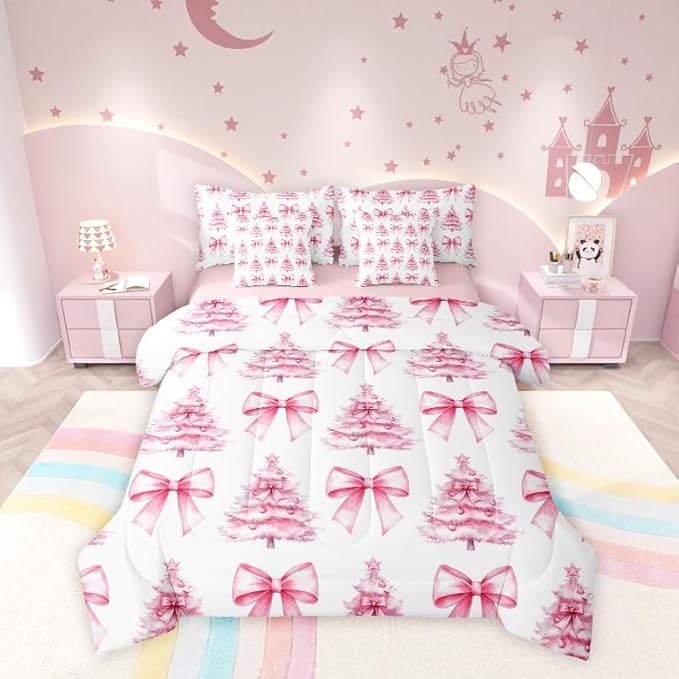 Manfei 7 Pieces Pink Bowknot Kids Comforter King,Christmas Trees Pine Bow Tie Toddler Bedding Set,Merry Christmas Happy New Year Xmas（Comforter+Fitted+Flat Sheet+2 Pillowcases+2 Throw Pillow Covers）