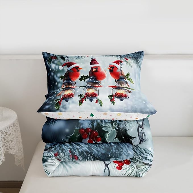 Feelyou Merry Christmas Comforter Set All Season Robin Bird Bedding Set with 1 Pillow Cases Snowflake Microfiber Kids Twin Bedclothes Winter Bedroom Decor Duvet Quilt Breathable Soft Lightweight