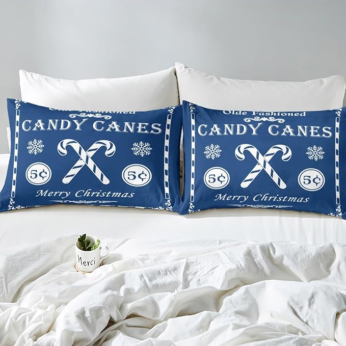 jejeloiu Christmas Bedding Set Queen Size Kids Christmas Quote Comforter Cover Set for Boys Girls Teens Candy Canes Print Duvet Cover Xmas Bedspread Cover Room Decorations Blue Quilt Cover