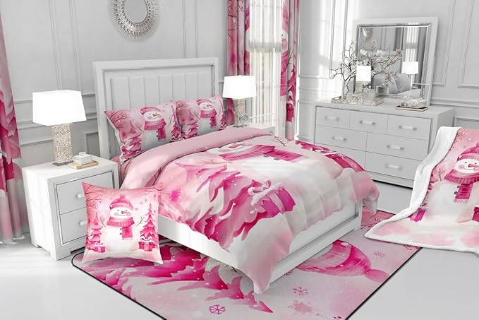 Feelyou Pink Christmas Comforter Set Queen Size Snowman Bedding Set for Kids Boys Girls Cute Snowflake Duvet Quilt Merry Christmas Tree and Snowman Room Decor 3 Pcs with 2 Pillow Cases