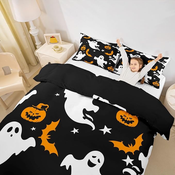 Halloween Bedding Duvet Cover Set Kids Cartoon Ghost Pumpkin Lantern Bedding Set Kids Trick or Treat Decor Comforter Cover Set Microfiber Bat Galaxy Night Bedspread Cover Bedroom Bedclothes Toddler