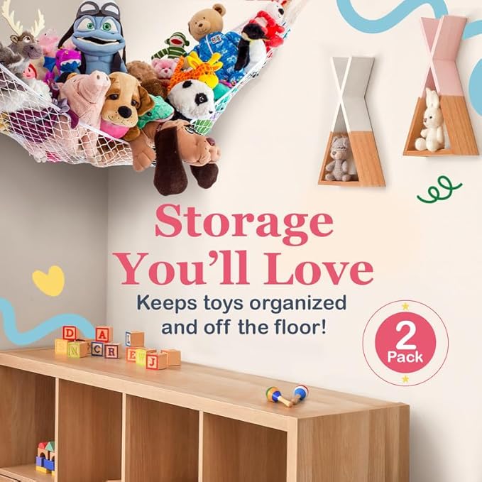 Lilly's Love Stuffed Animal Hammock | Corner Hanging Organizer, Toy Storage, Stuffed Animal Storage Net | Made from Quality Fishing Net, Holds 12lbs | 67"x47"x47" (Yellow, 2 Pack)